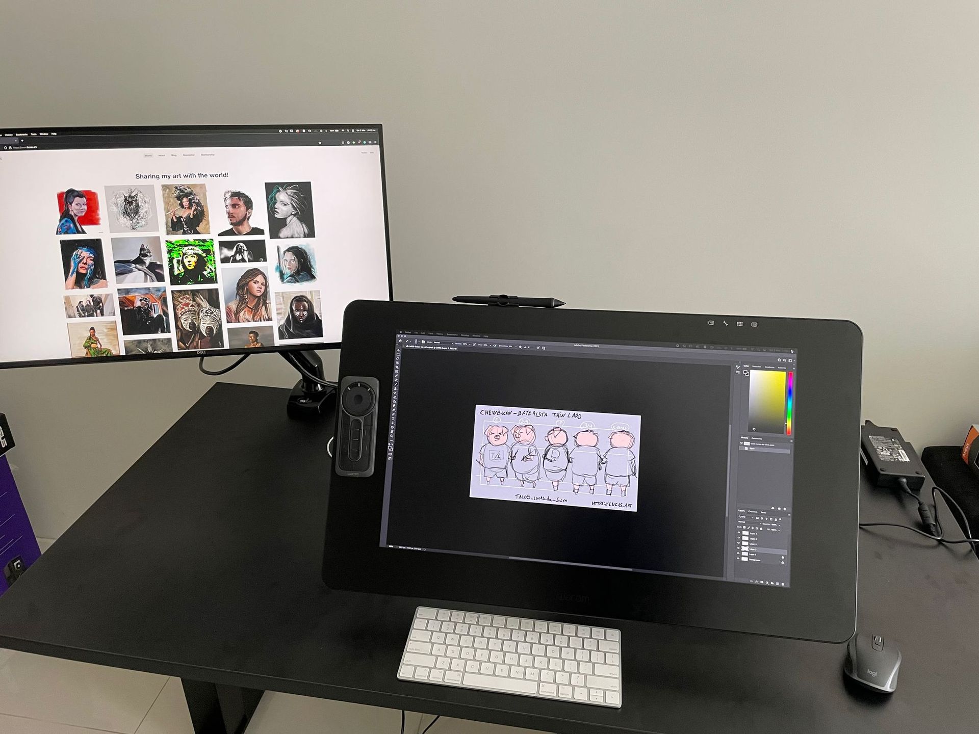 Wacom Cintiq Pro 24 mounted on Wacom Flex Ar. The image also shows a Dell display attached to another arm